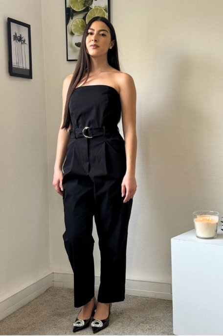 Belted strapless jumpsuit, black