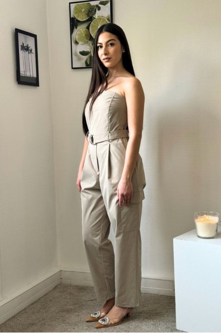 Beige belted strapless jumpsuit