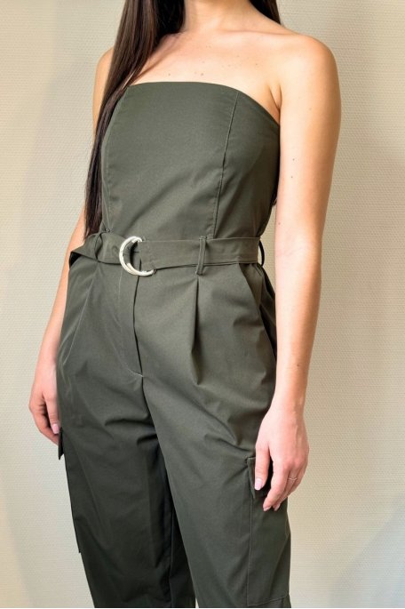 Belted strapless khaki jumpsuit