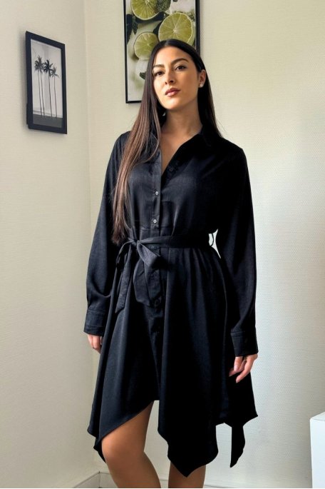 Black silk-effect asymmetrical shirt dress