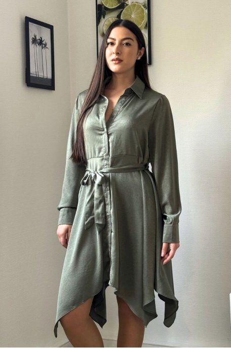 Khaki silk-effect asymmetrical shirt dress