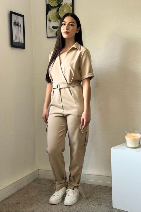 Belted jumpsuit, short sleeves, beige pants