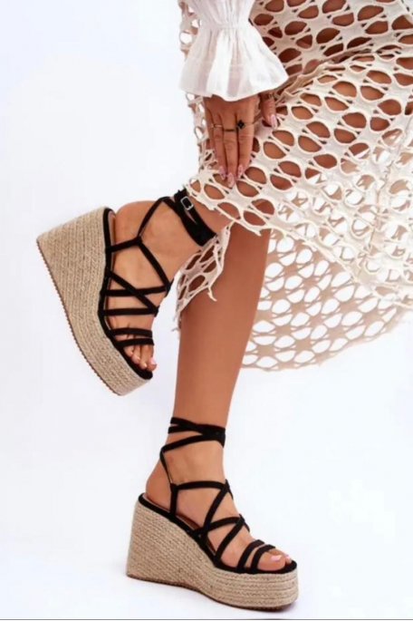 Espadrille-style wedges with straps and black square toe