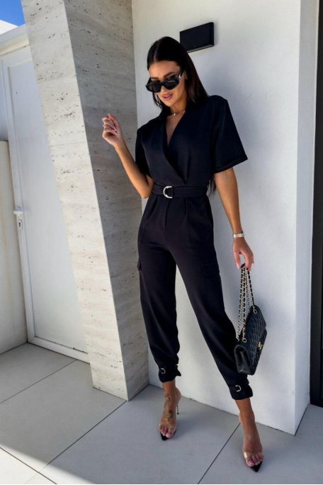 Belted jumpsuit, short-sleeved, black pants