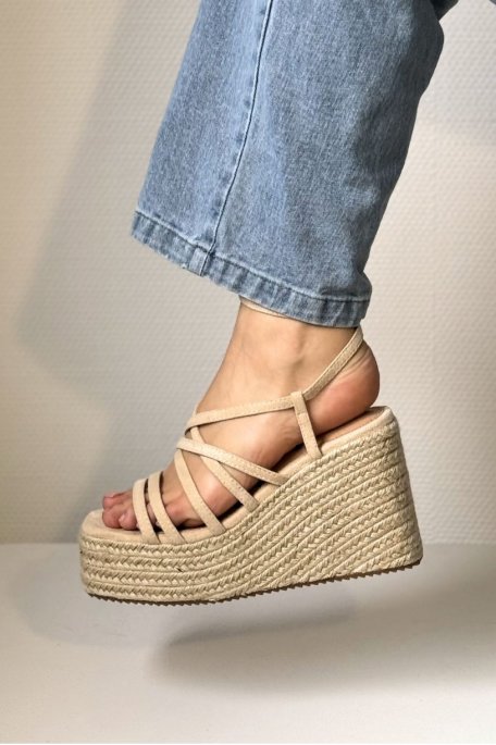 Espadrille-style wedges with straps and beige square toe