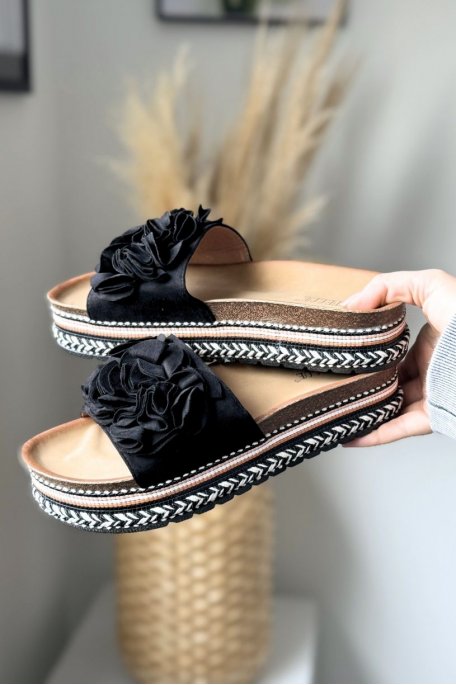 Black floral sandals with geometric detailing on the sole