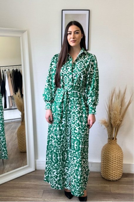 Fluid long dress with green baroque motif