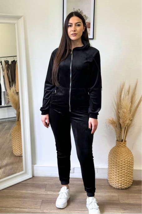 Black velvet-effect jogging suit