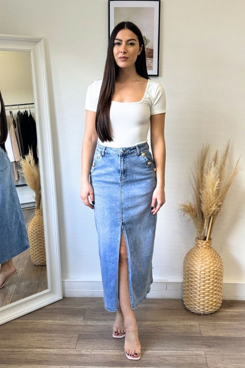 Jupe longue en jean fente sur le devant et boutons officiers bleue Cinelle Paris mode femme tendance