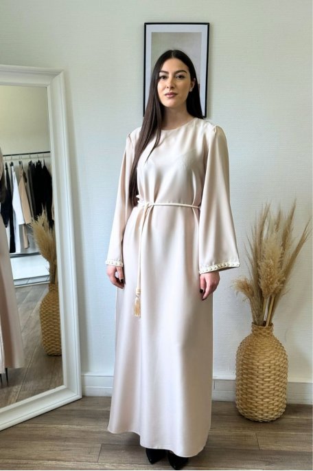 Beige long dress with embroidered sleeves and drawstring belt