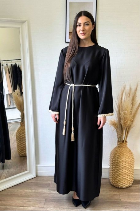 Embroidered long dress with black cord sleeves and belt