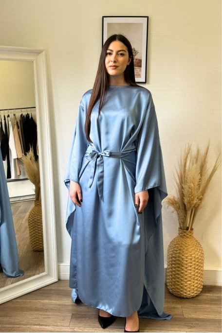 Long satin dress with batwing sleeves and blue cape