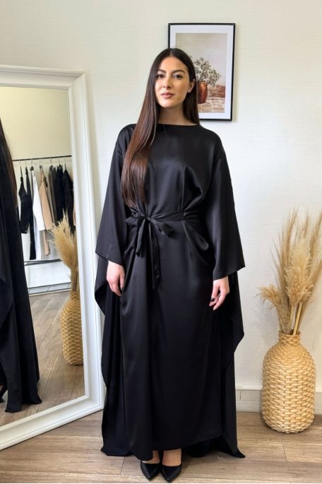 Long satin dress with batwing sleeves and black cape