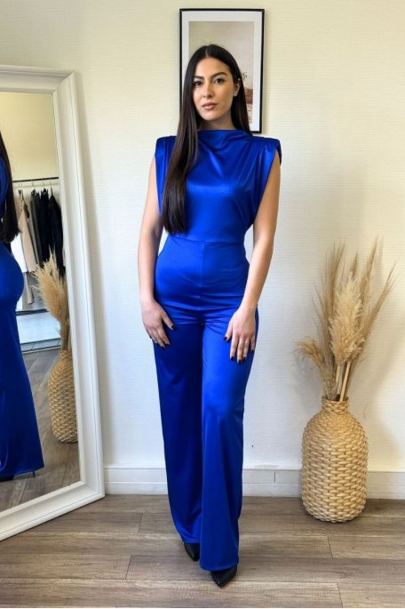 Blue satin jumpsuit with stand-up collar and epaulettes