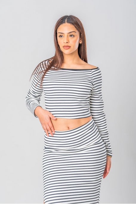 Ensemble jupe fendue et crop top mariniere blanc Cinelle Paris mode femme tendance