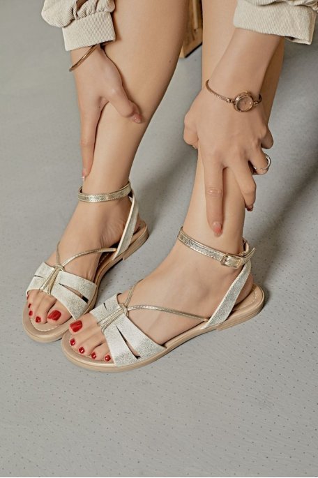 Sandales plates bicolores à brides pailletées beige