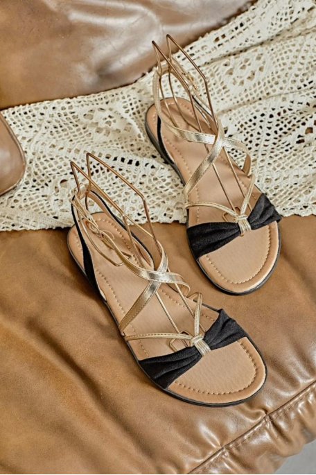 Sandales plates bicolores à brides dorées noir