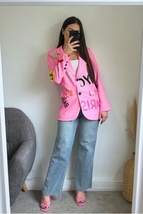 Mixed-toned blazer with pink writing and motifs