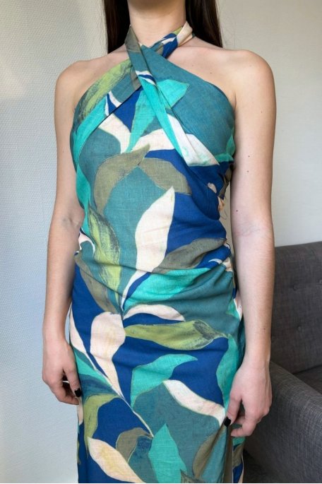 Robe midi à imprimés cou à nouer bleu