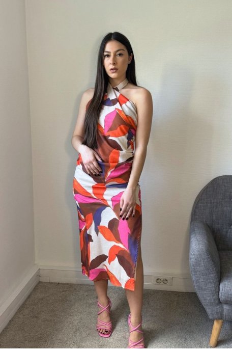 Printed midi dress with orange tie neck