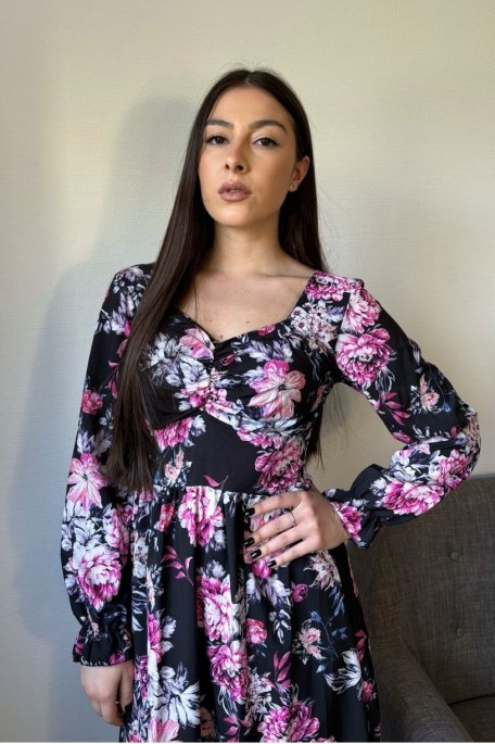 Black floral midi dress with long sleeves