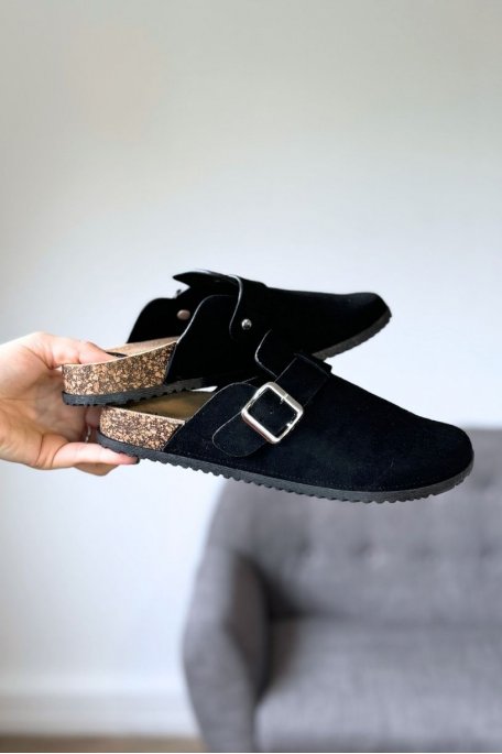 Open mules with black cork-effect soles