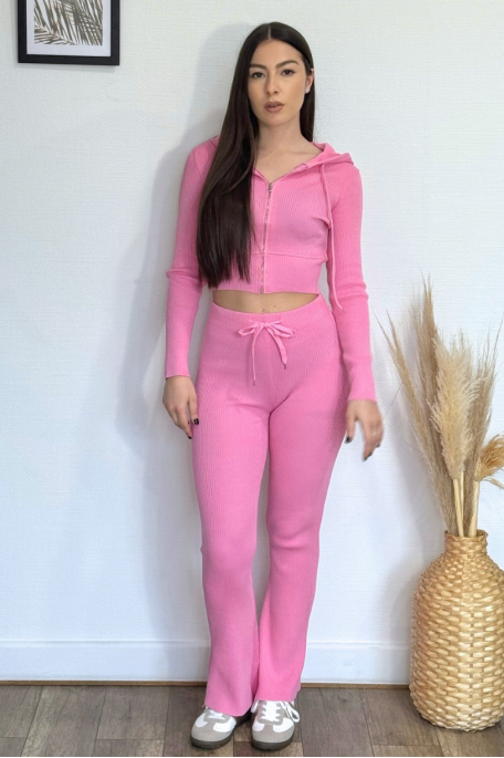 Ensemble moulant côtelé gilet et pantalon flare rose