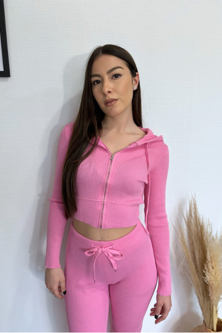 Ensemble moulant côtelé gilet et pantalon flare rose - vue zoom