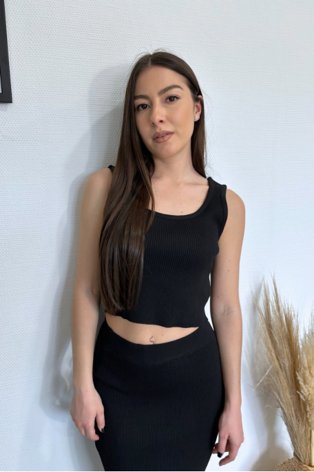 Ensemble moulant côtelé crop top et jupe longue fente noir - vue zoom