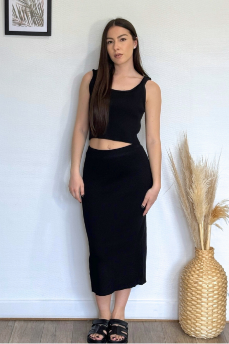 Black ribbed crop top and long skirt set