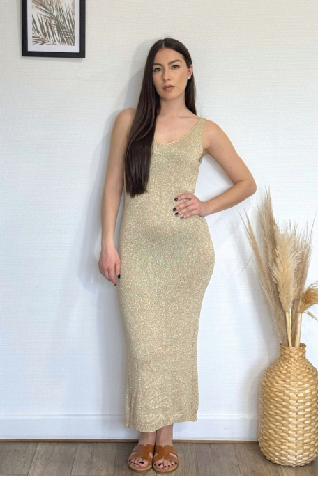 Long sleeveless gold lurex knit dress