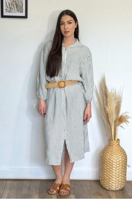 Striped long dress in khaki cotton gauze