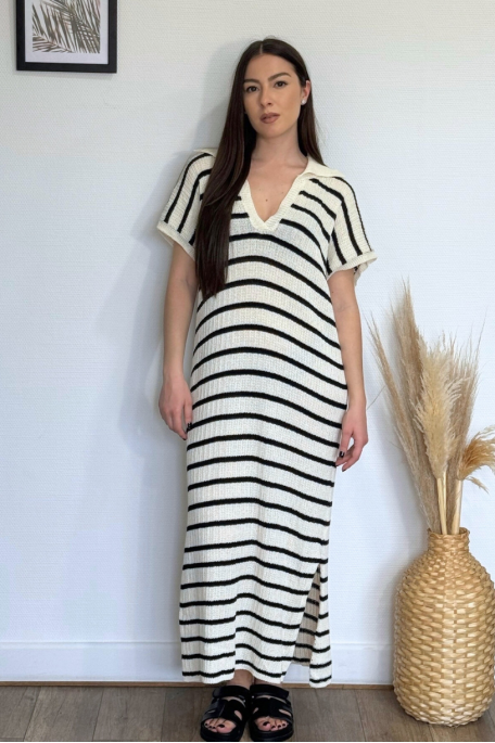 Striped knit maxi dress, wide cut, black