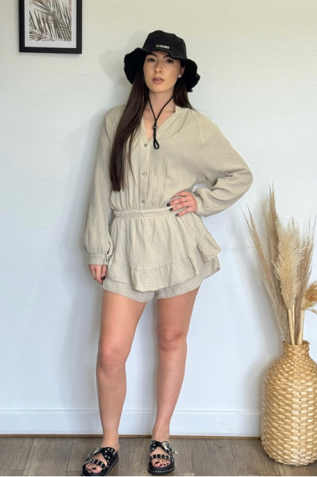 Combishort chemise en gaze de coton beige - vue entière