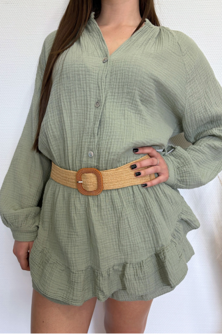 Combishort chemise en gaze de coton kaki - vue détails