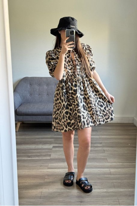 Short-sleeved beige leopard bow dress