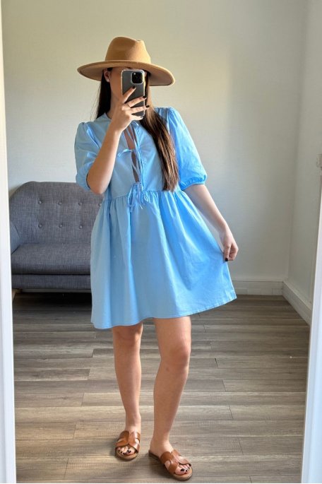 Plain dress with bows, short sleeves, blue
