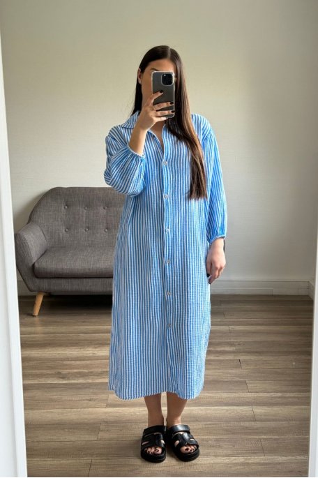 Robe longue rayée en gaze de coton bleu - vue miroir