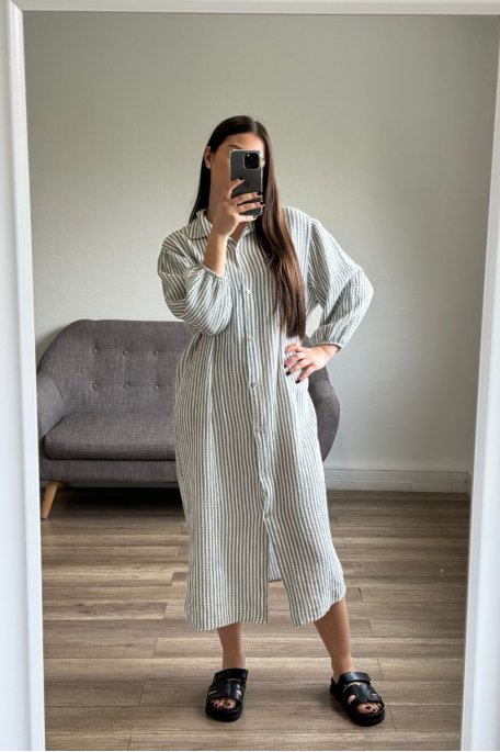 Robe longue rayée en gaze de coton kaki - vue miroir