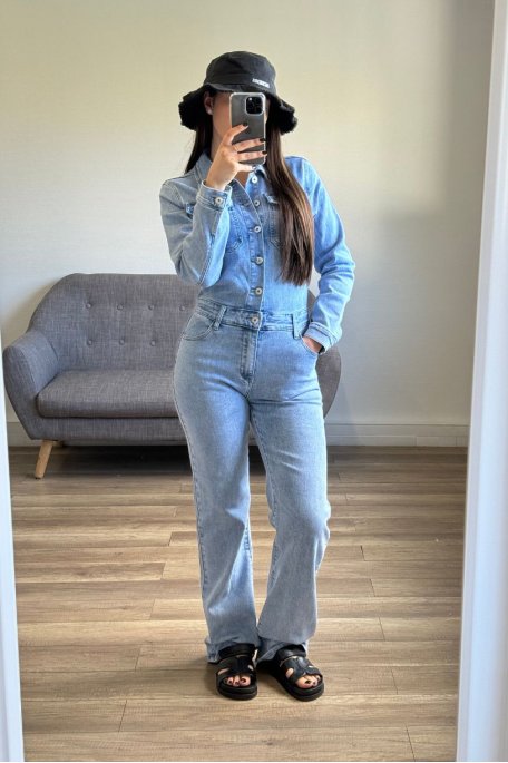 Denim-Jumpsuit mit langen Ärmeln, gerader Schnitt blau