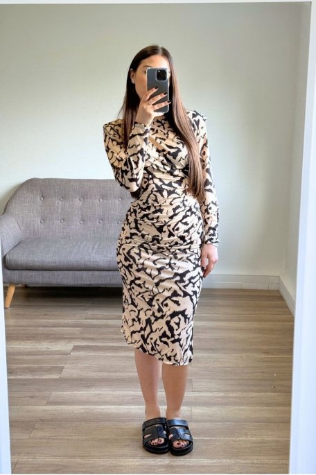 Beige animal print off-the-shoulder dress