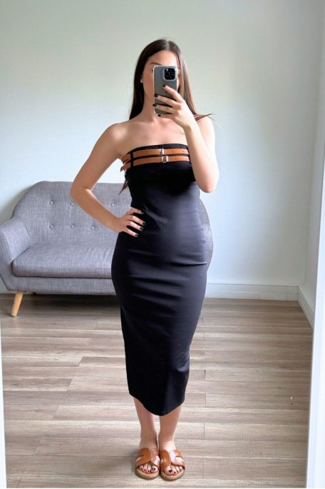 Strapless dress with belts on the chest, black