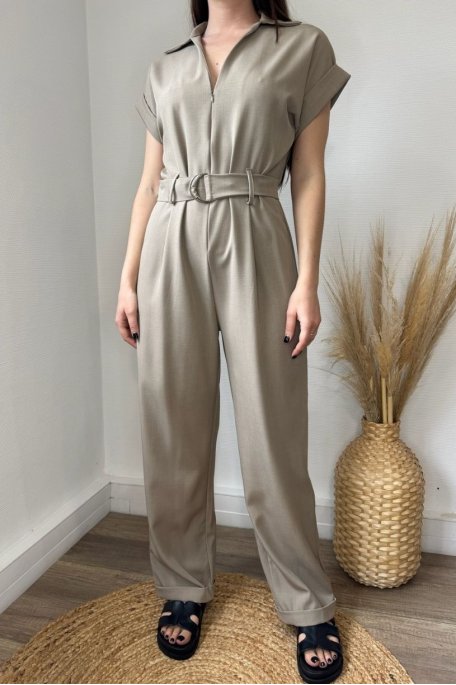 Combinaison pantalon à zip avec ceinture beige