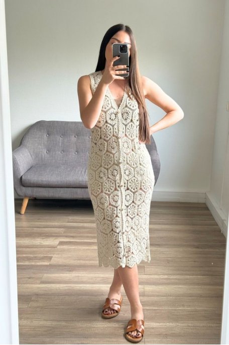 Robe longue sans manches en crochet beige