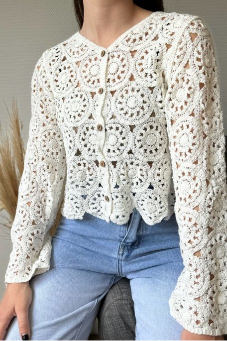 Long-sleeved crochet cardigan, white