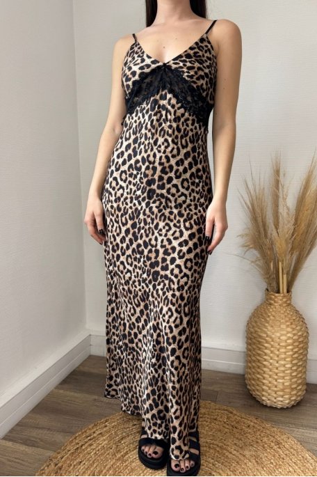 Lingerie-style long dress with leopard lace