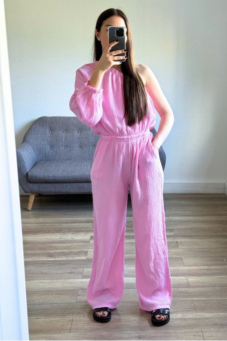 One shoulder jumpsuit in pink cotton gauze