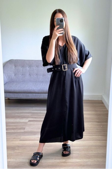Belted flowing dress, short sleeves, black