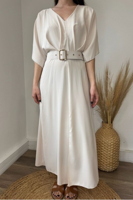 Belted flowing dress, short beige sleeves