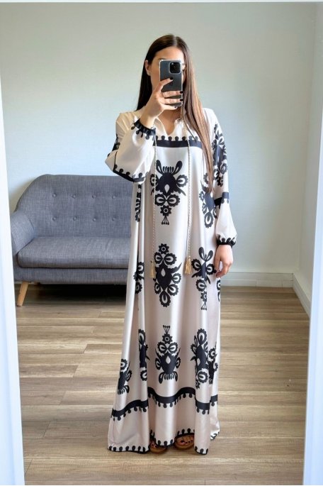 Beige satin-effect patterned flowing dress with tassels